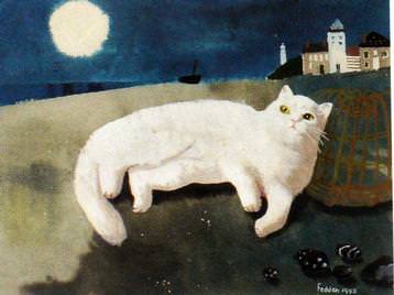 Mary Fedden - White Cat Lying Down - Gouache 
