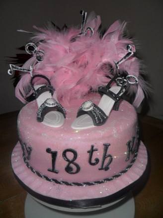 Sparkling pink feathered shoe cake. 
