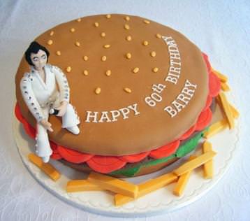 Elvis on a burger birthday cake