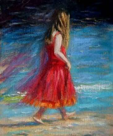Elan in Red Dress, oil on laid linen, Steven