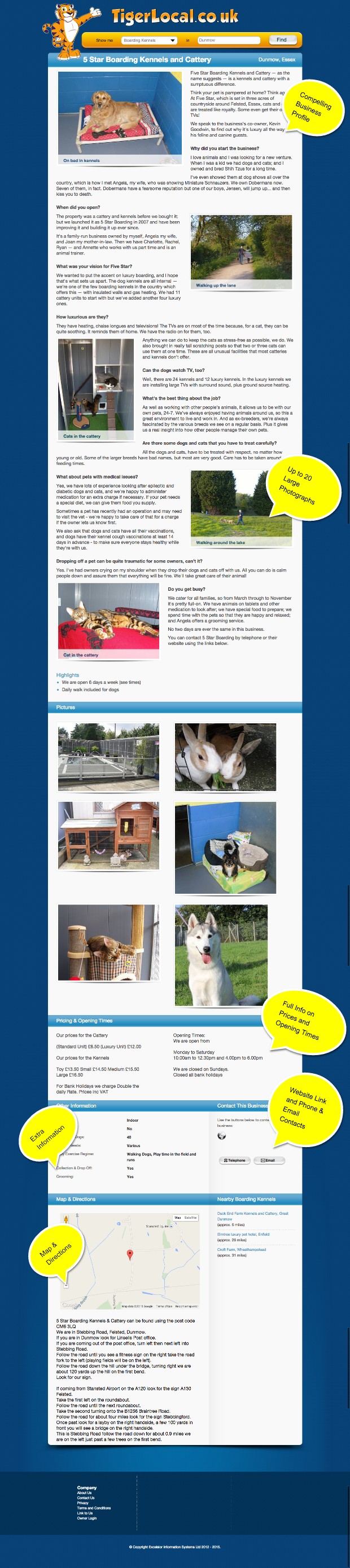 Annotated Screenshot of TigerLocal page for 5 Star Boarding Kennels